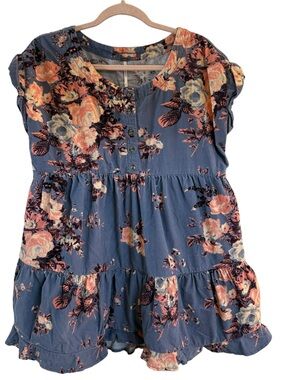 Free People Blue Floral Corduroy Babydoll Tunic Dress Button Front Size Small